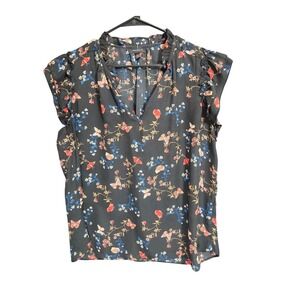Tamara H Womens XL Black Butterfly Floral Ruffle Cap Sleeve Tie Neck Blouse Top